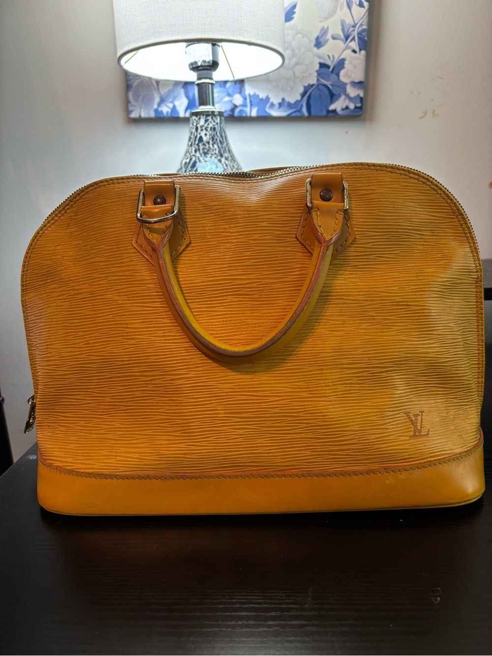 Authentic Vintage Louis Vuitton Alma PM Yellow Epi Leather-Purple Interior RARE